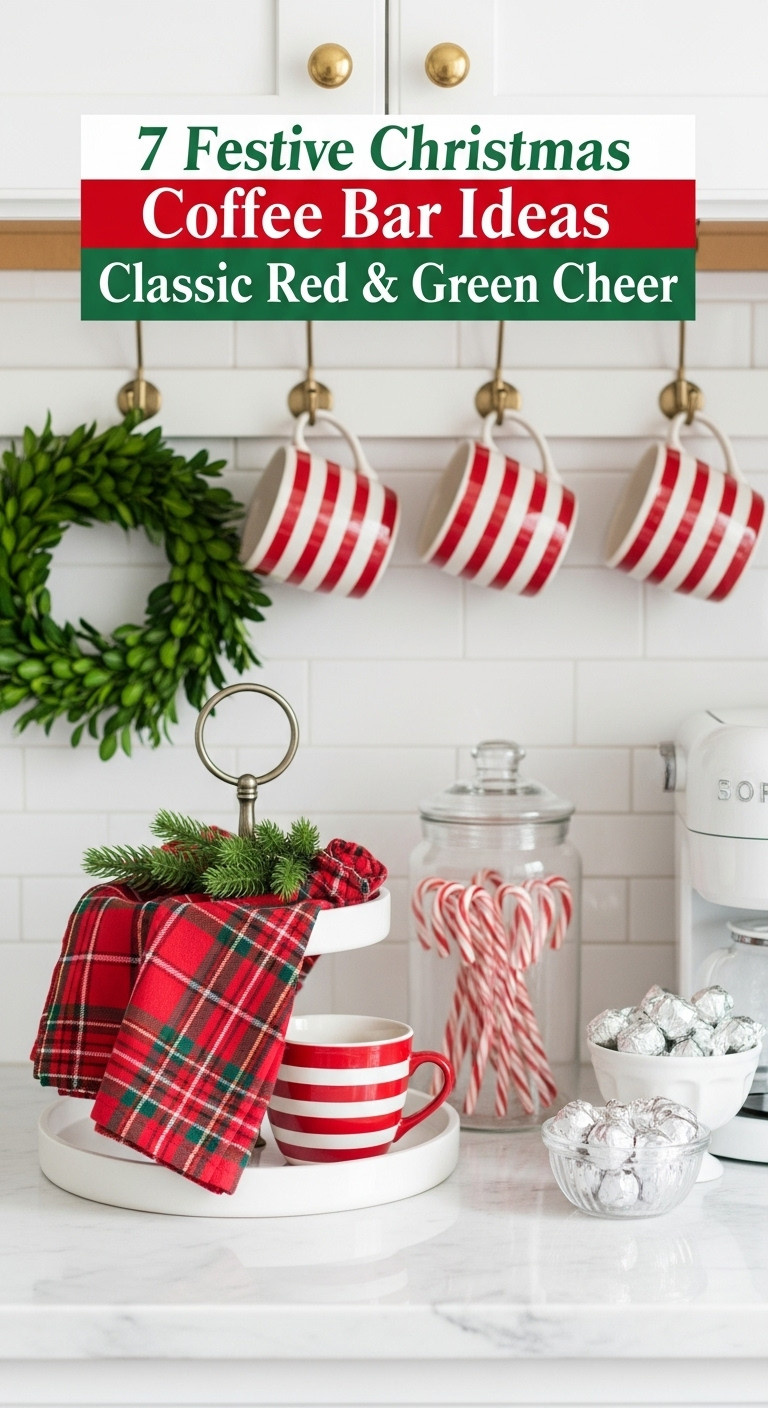 Classic Christmas coffee bar with red and white striped mugs green boxwood wreath and red plaid napkin on a marble countertop
