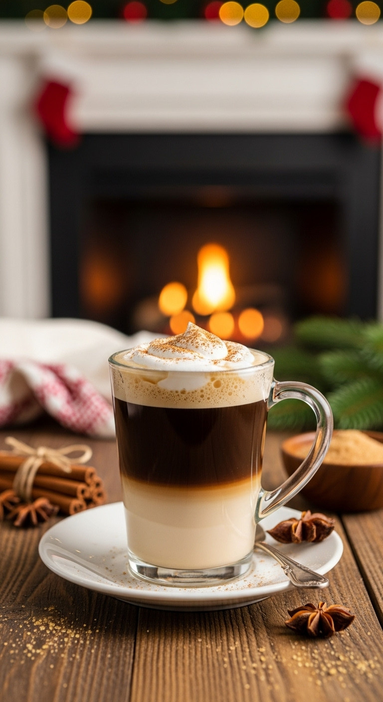 Classic Irish Coffee with layered cream, cinnamon sticks, and brown sugar on a rustic wooden table by a holiday fireplace