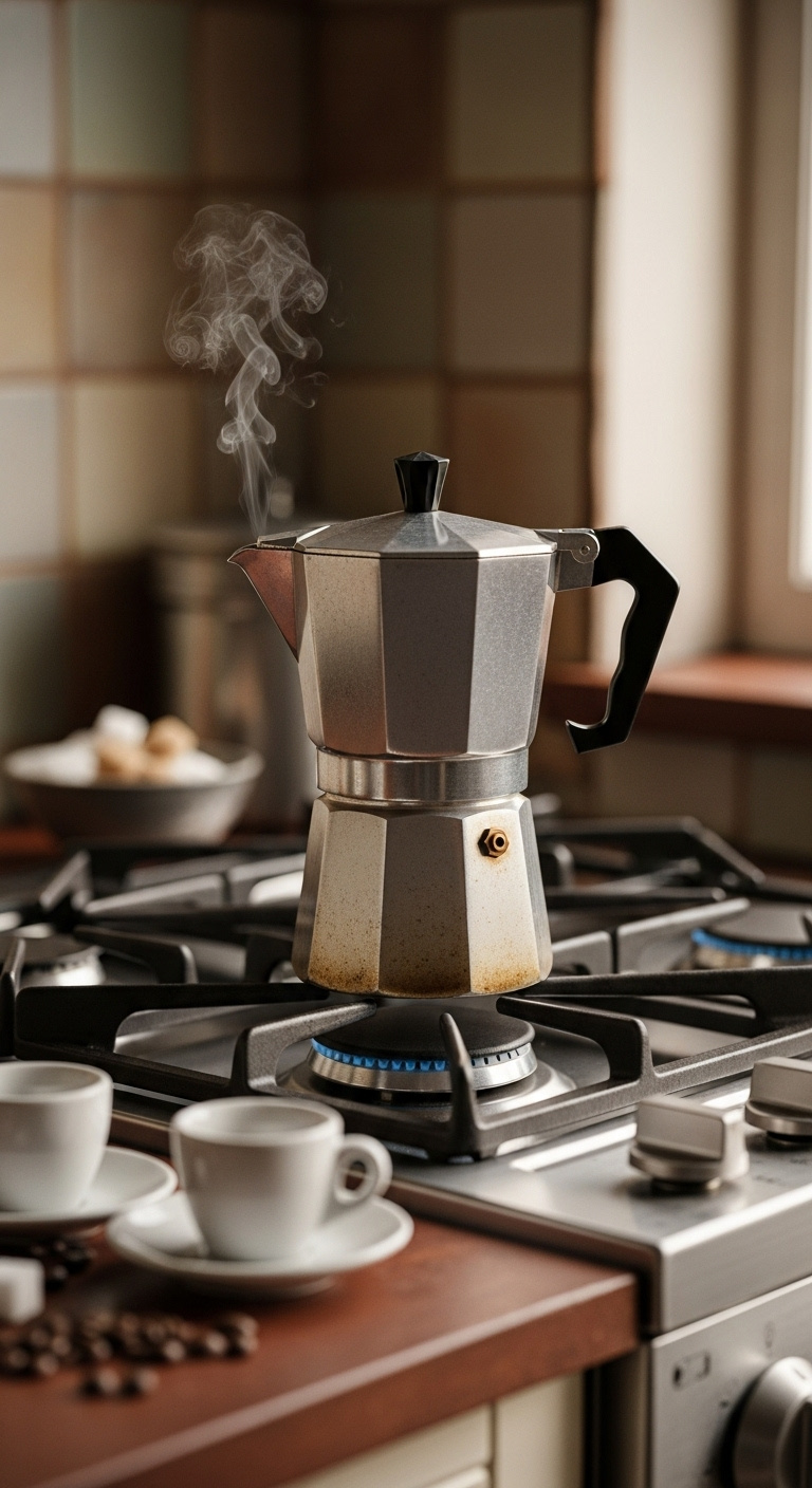 Classic Italian moka pot on gas stove burner with steam porcelain espresso cups and sugar cubes on rustic tiled wall background