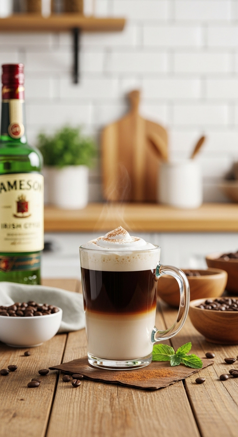 Classic Jameson Irish Coffee with distinct layers and creamy top on a rustic wooden table with Jameson whiskey and coffee beans