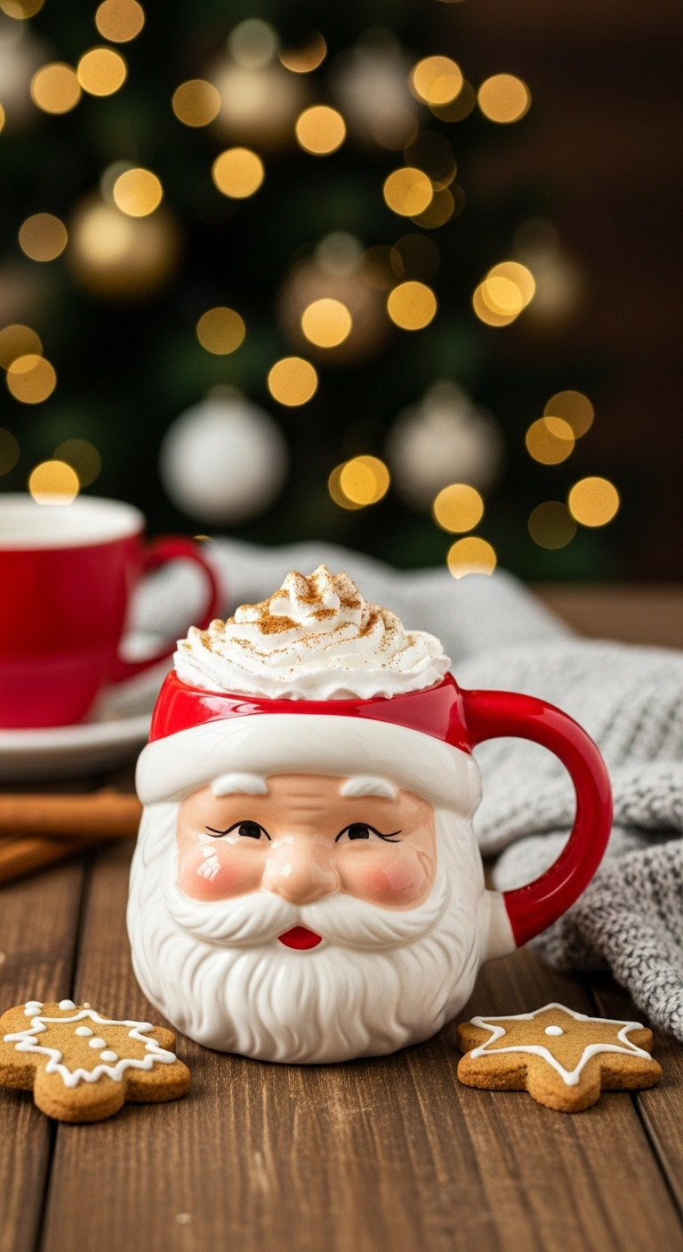 Classic Santa Claus mug with hot cocoa and gingerbread on a rustic table with a blurred Christmas tree background