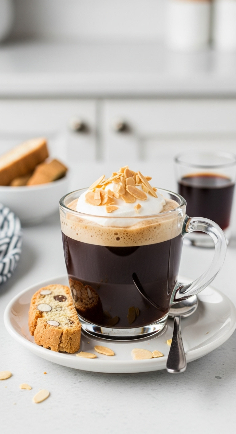 Classic Simple Café Amore with whipped cream, toasted almond shavings, and biscotti on a white ceramic saucer