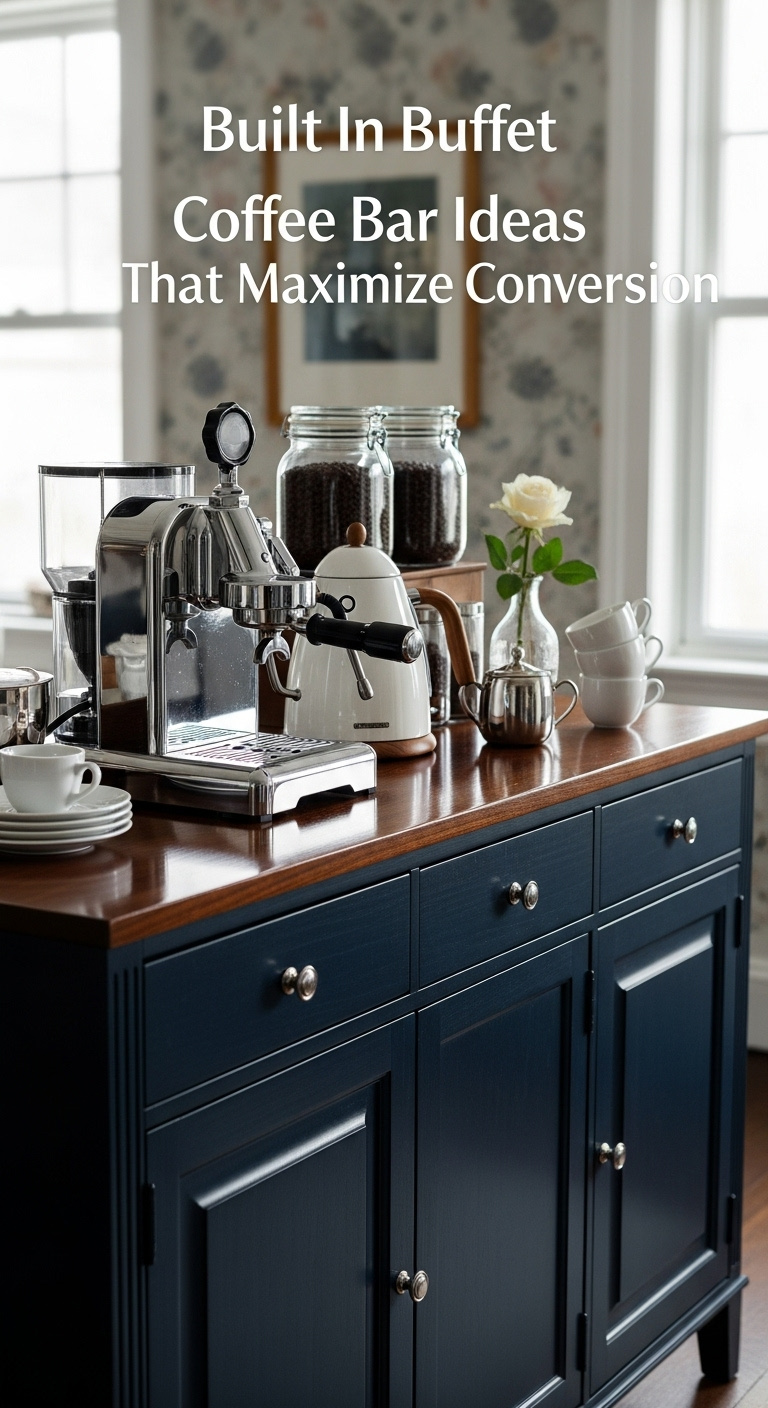 Classic dining room sideboard in navy blue converted into a coffee bar with espresso machine and elegant accessories