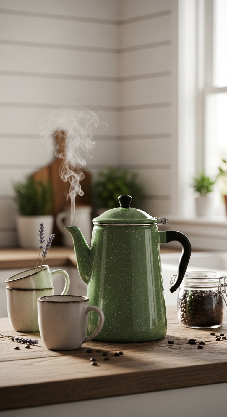 Classic enamelware percolator in speckled green with steam rising on weathered wood countertop against blurred shiplap kitchen