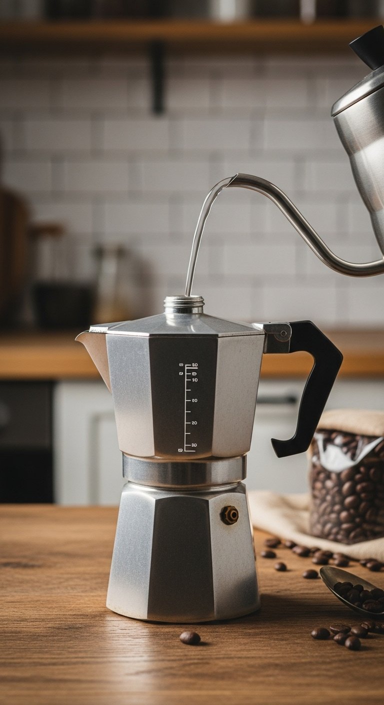 Classic octagonal aluminum vintage Moka pot's bottom chamber being filled with clear water from a gooseneck kettle