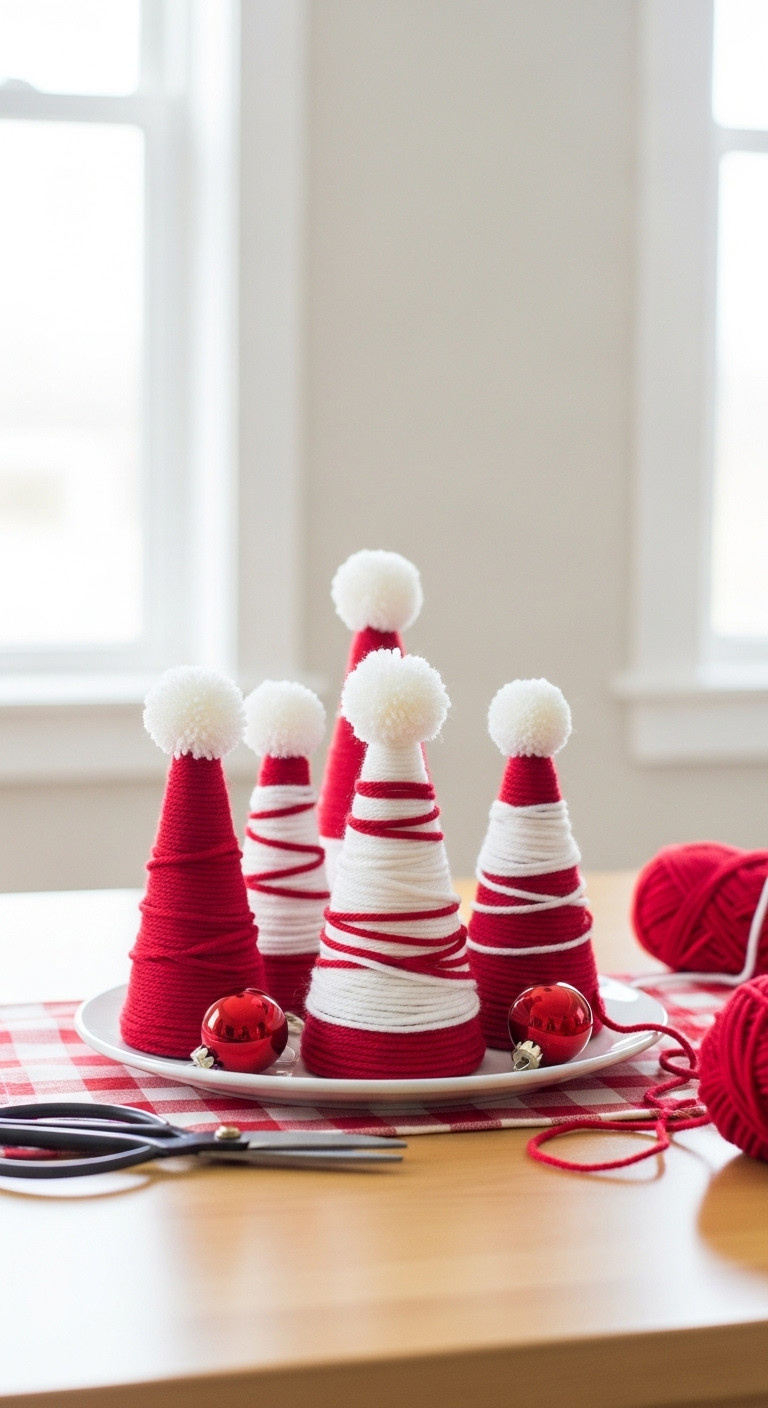 Classic red and white Christmas coffee table decor DIY yarn trees pom-poms checkered runner red baubles handmade festive crafts