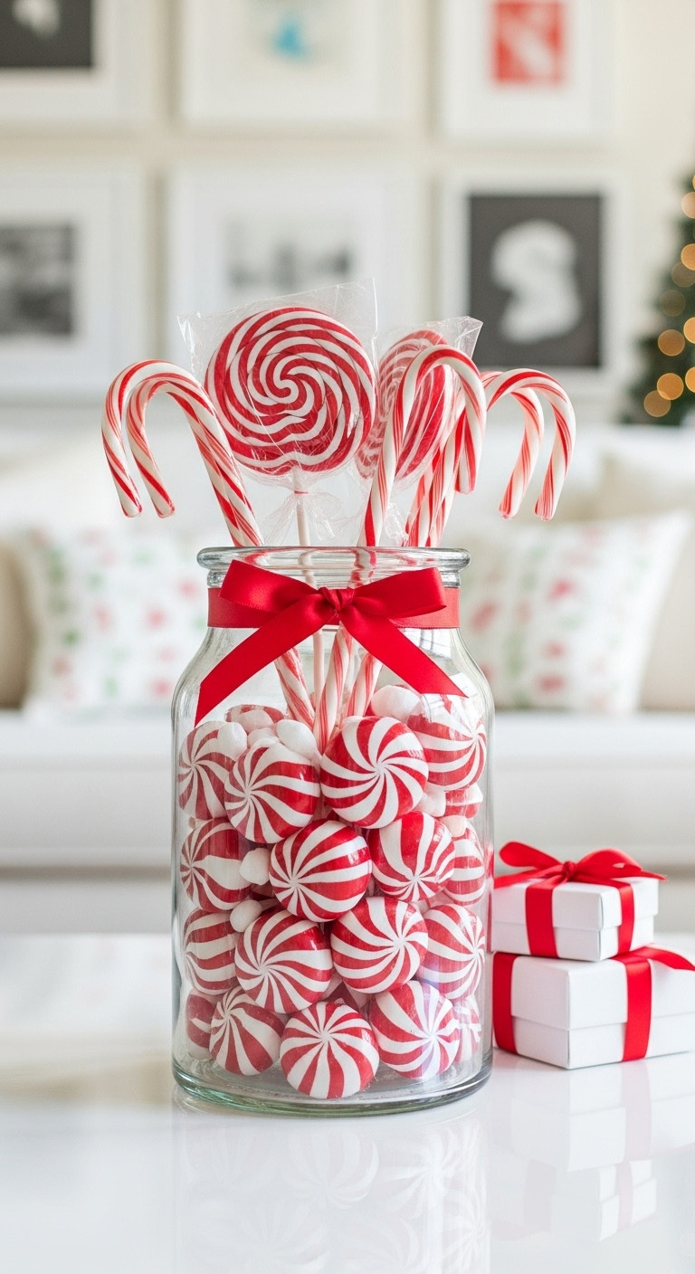 Classic red and white Christmas coffee table decor candy canes peppermint swirl candies apothecary jar festive nostalgic sweet treats