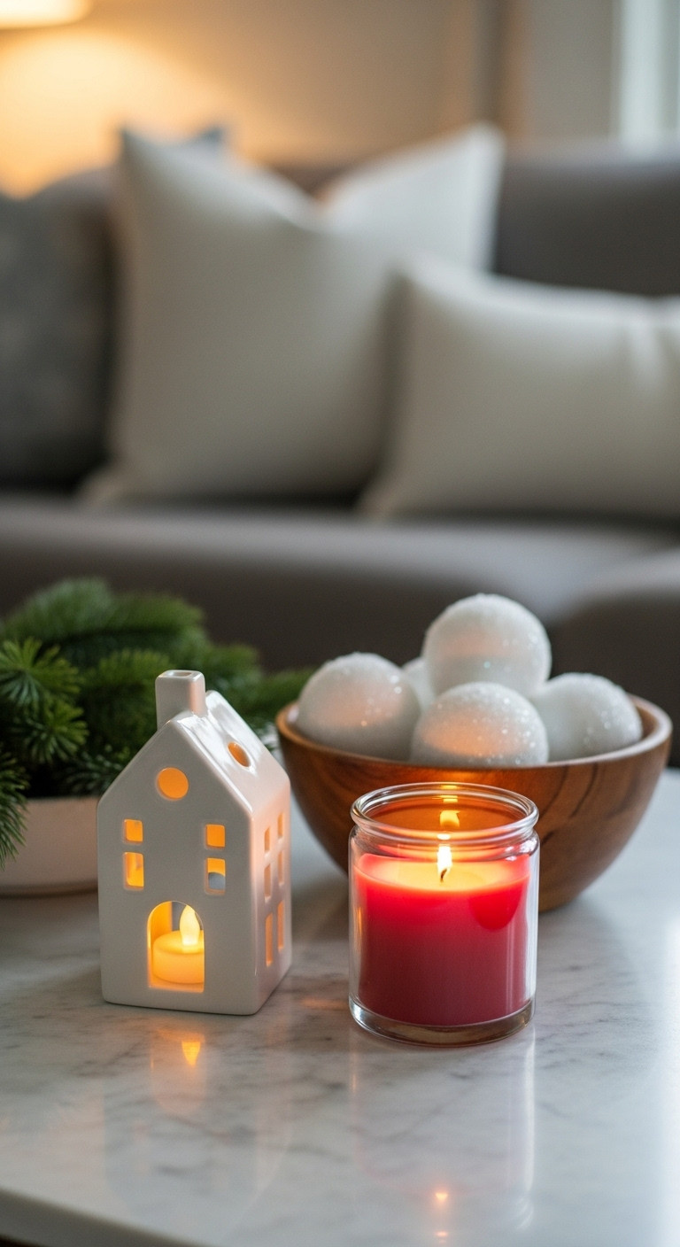 Classic red and white Christmas coffee table decor ceramic house LED candle red candle snowball ornaments pine sprigs cozy festive display
