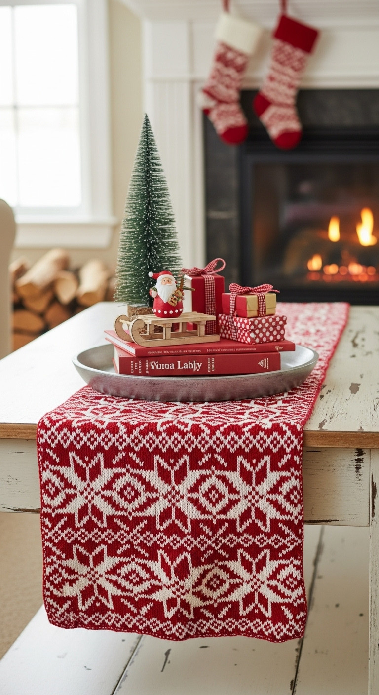 Classic red and white Christmas coffee table decor cozy runner Fair Isle knit books wooden sled Santa gift boxes festive living room