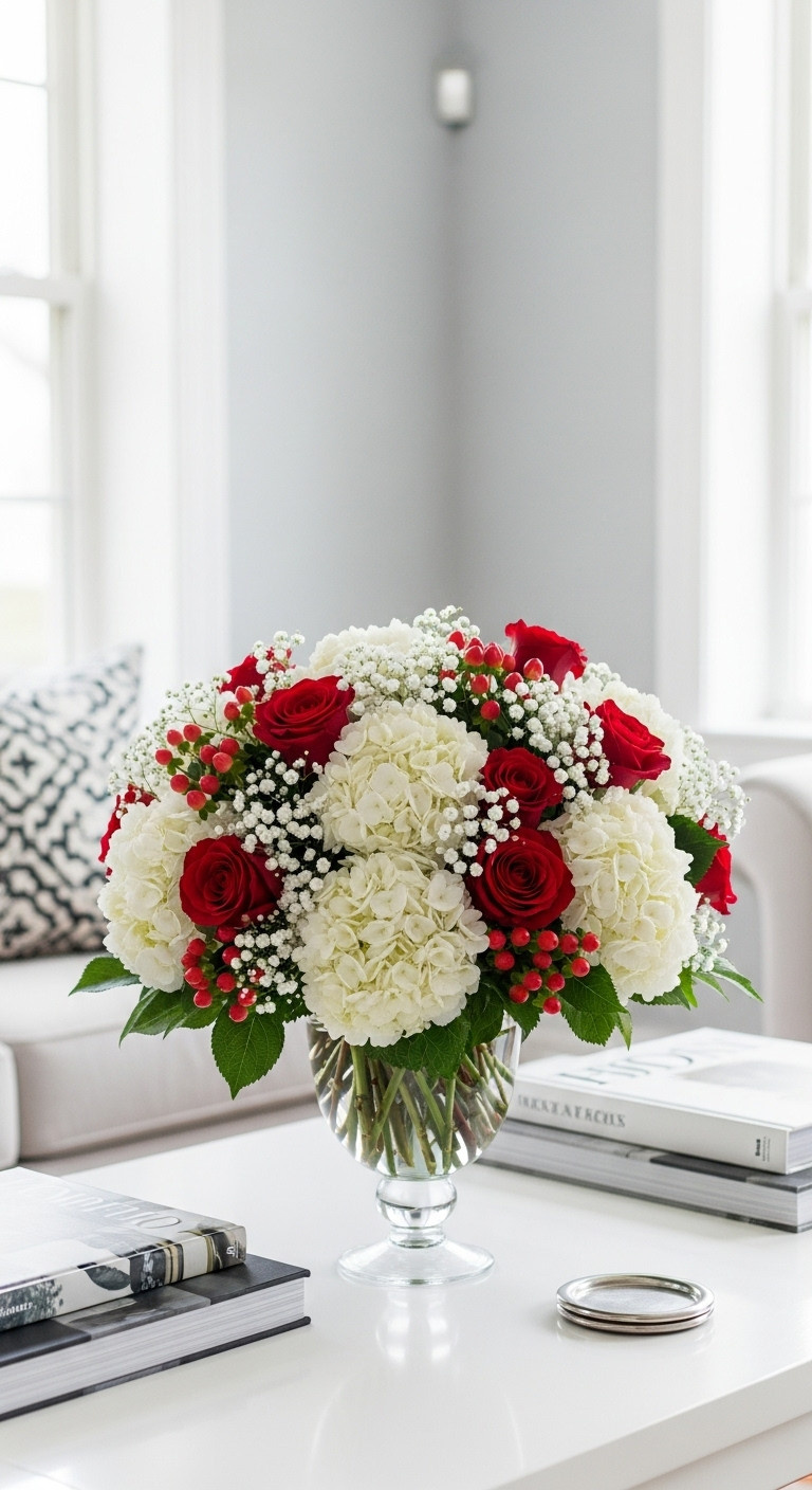 Classic red and white Christmas coffee table decor floral arrangement hydrangeas red roses berries glass vase elegant sophisticated