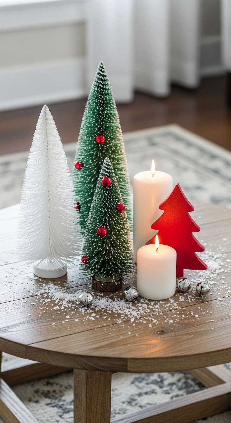 Classic red and white Christmas coffee table decor mini trees festive candles bottlebrush flocked wooden white pillar faux snow jingle bells