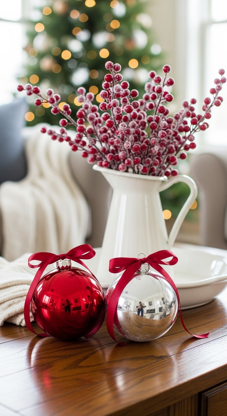 Classic red and white Christmas coffee table decor oversized mercury glass ornaments red ribbon pitcher frosted berries cozy vignette