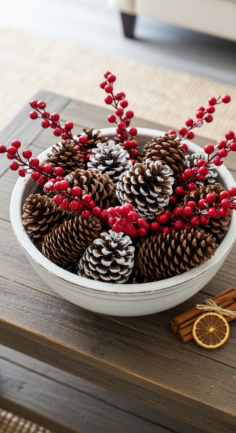 Classic red and white Christmas coffee table decor pinecones berries decorative bowl frosted snow rustic festive natural elements