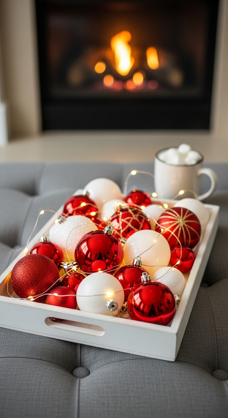 Classic red and white Christmas coffee table decor tray ornaments fairy lights hot cocoa festive enchanting cozy fireplace