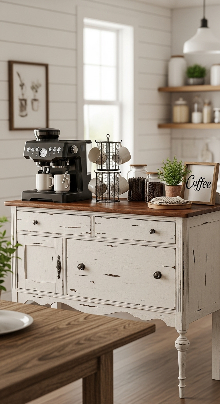 Classic repurposed buffet bar as coffee station with distressed white paint black coffee machine and wire mug tree under natural light