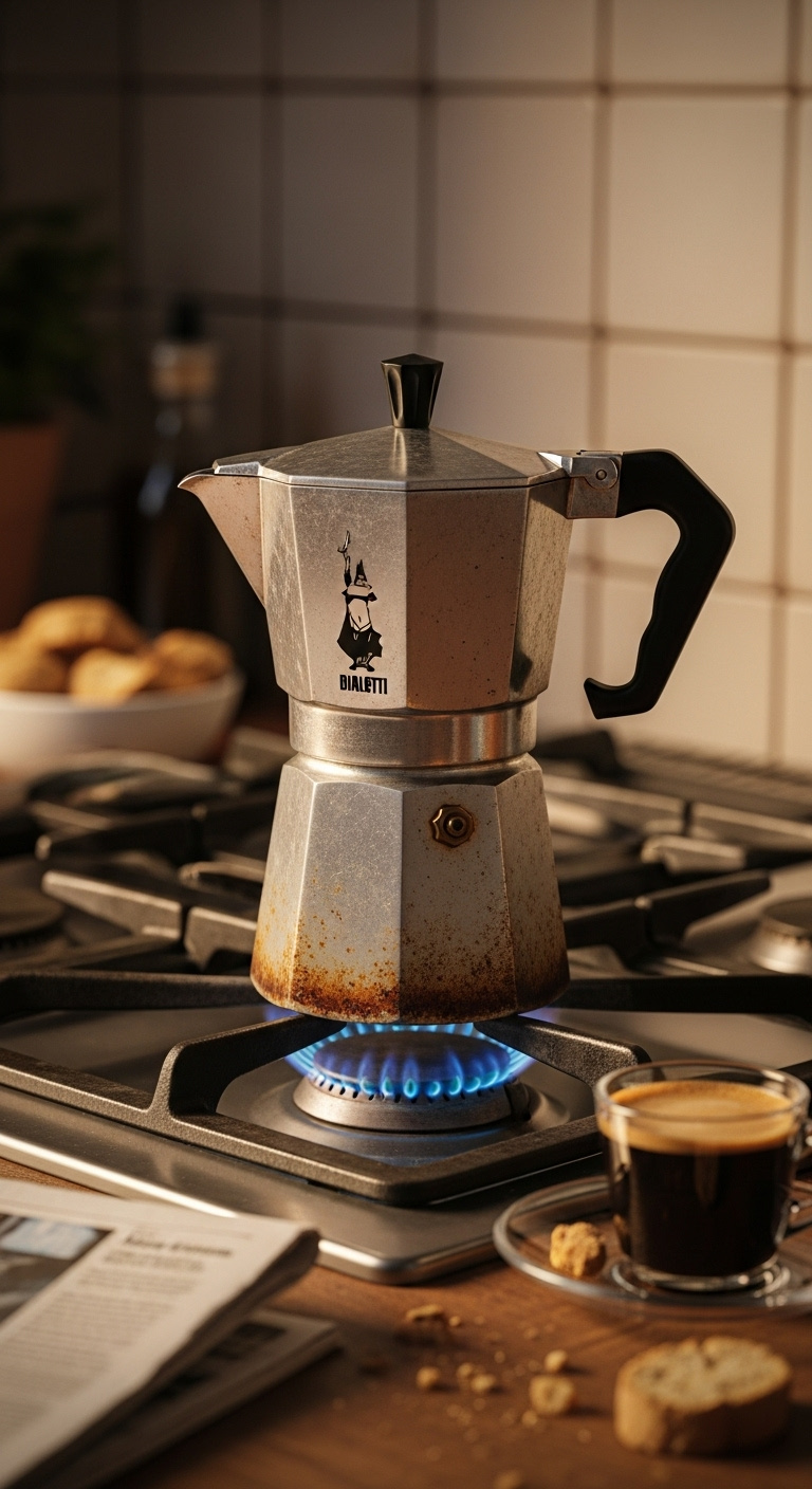 Classic vintage Bialetti Moka Express with seasoned patina on a gas stovetop with blue flame coffee cup newspaper and biscotti