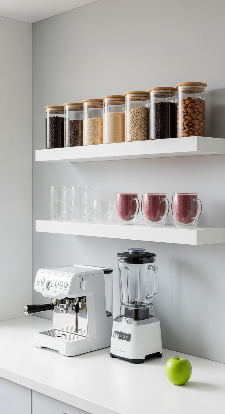 Clean floating shelf coffee and juice bar with espresso machine, blender, glass mugs, smoothie glasses, and matching glass canisters on a white countertop