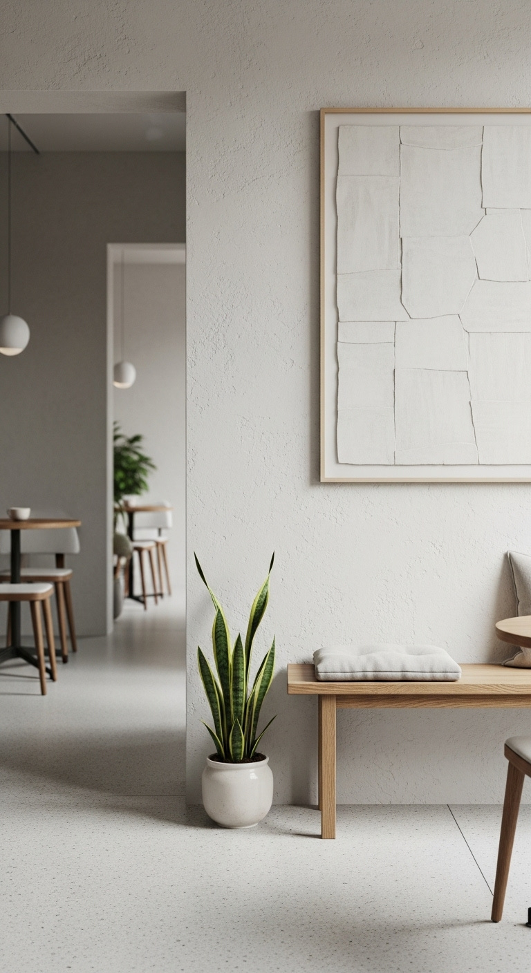 Clean minimalist coffee shop corner with oak wood bench textured plaster wall abstract art and snake plant creating a serene sophisticated mood
