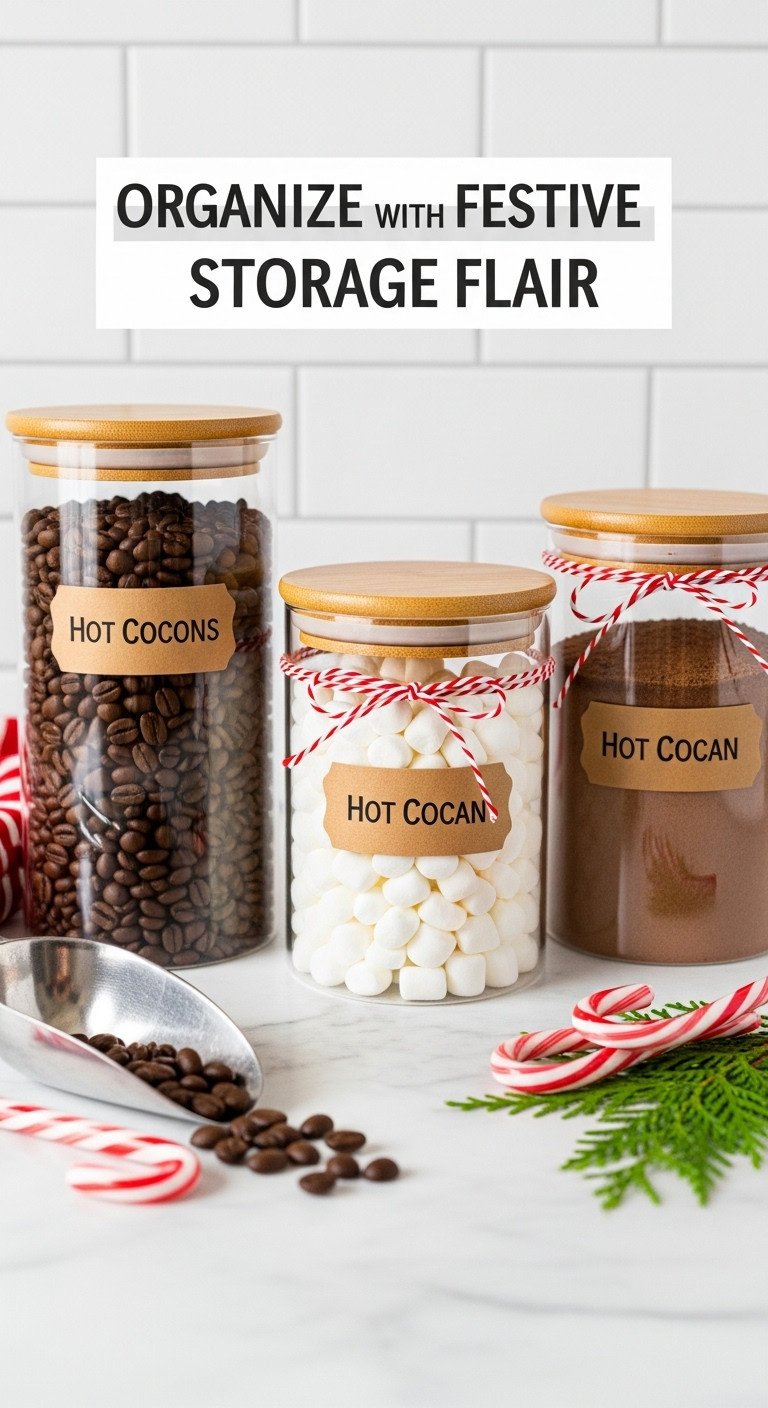 Clear glass canisters with bamboo lids filled with coffee beans marshmallows and hot cocoa mix with festive labels and twine
