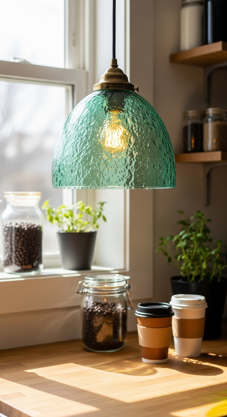 Clear glass pendant with Edison bulb over white marble coffee bar with chrome espresso machine white mugs and deep green subway tile backdrop