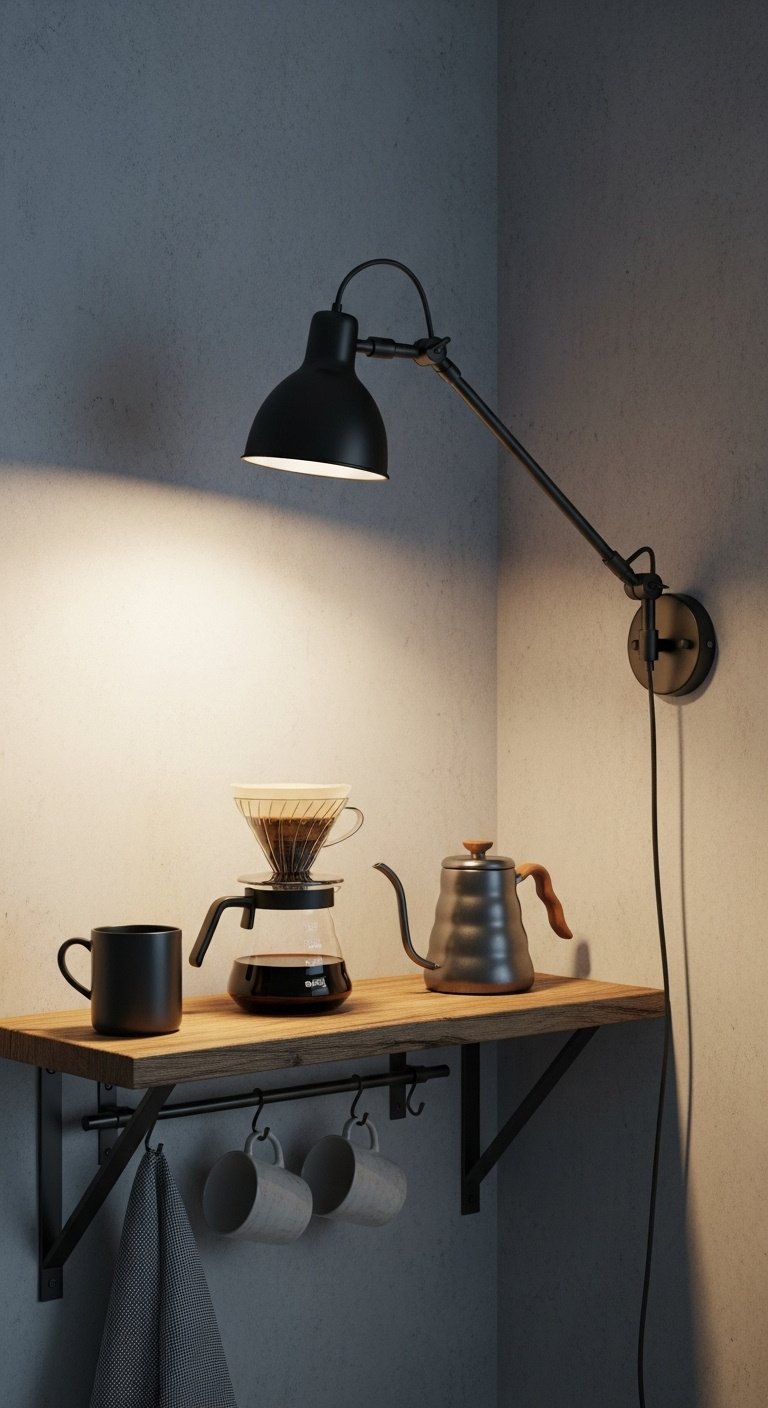 Clear glass pendant with Edison bulb over white marble coffee bar with chrome espresso machine white mugs and deep green subway tile backdrop
