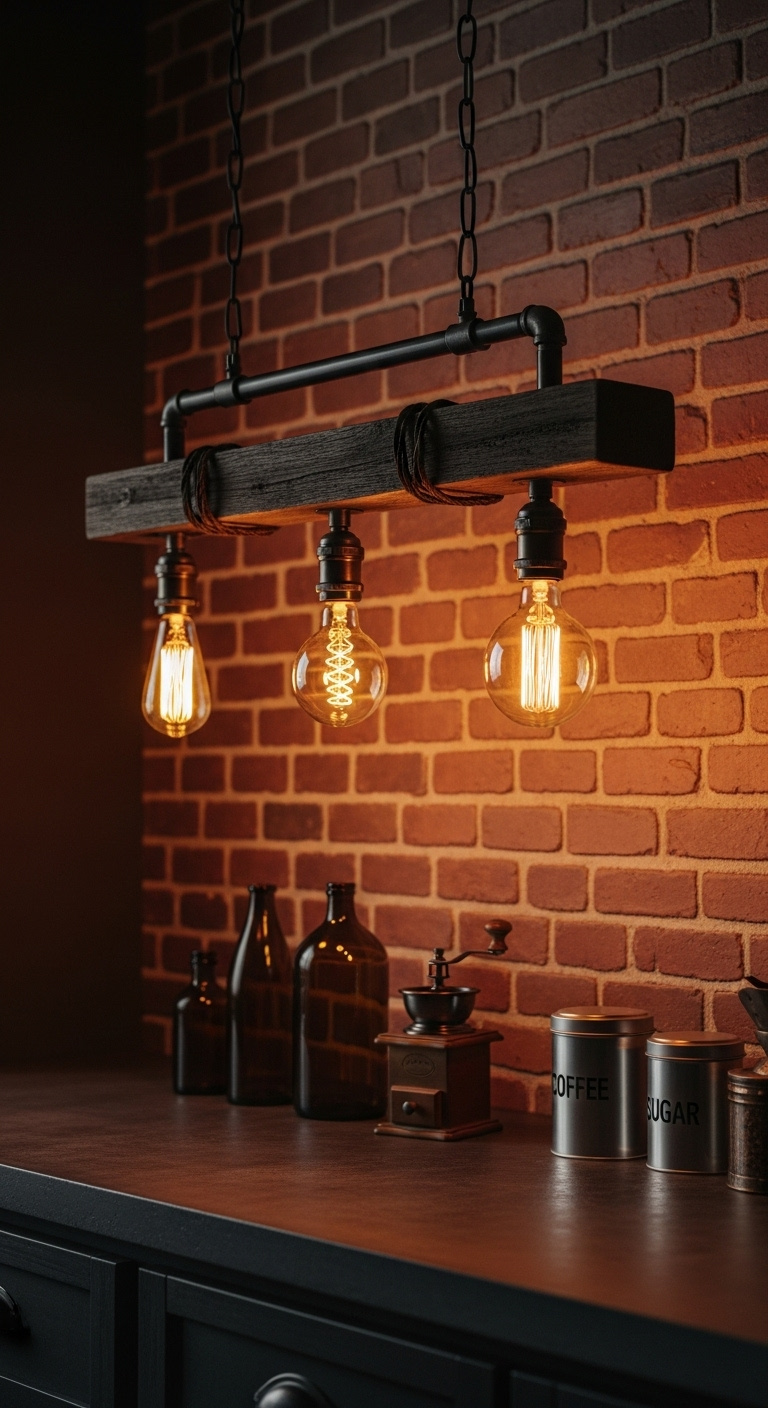 Clear glass pendant with Edison bulb over white marble coffee bar with chrome espresso machine white mugs and deep green subway tile backdrop