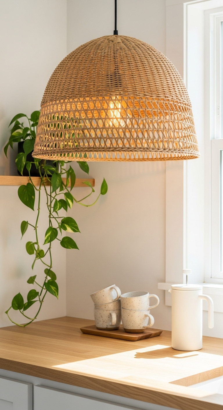 Clear glass pendant with Edison bulb over white marble coffee bar with chrome espresso machine white mugs and deep green subway tile backdrop