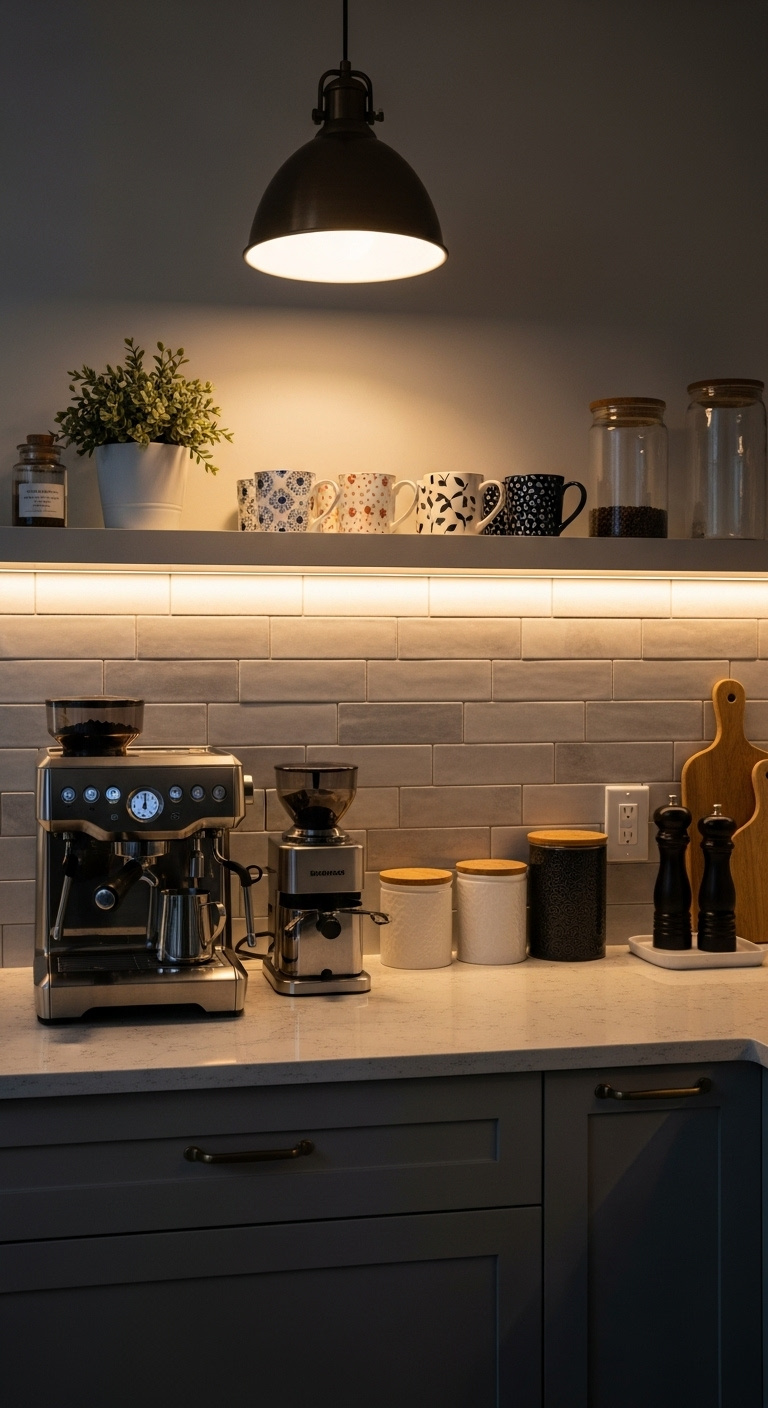 Clear glass pendant with Edison bulb over white marble coffee bar with chrome espresso machine white mugs and deep green subway tile backdrop