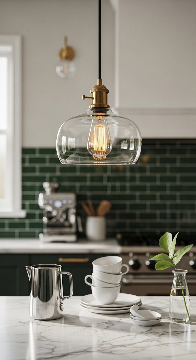 Clear glass pendant with Edison bulb over white marble coffee bar with chrome espresso machine white mugs and deep green subway tile backdrop
