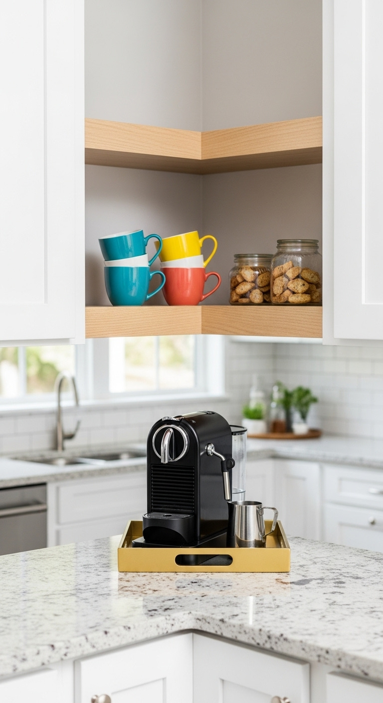 Clever corner coffee bar with white shaker cabinets espresso machine gold tray and floating wood shelves