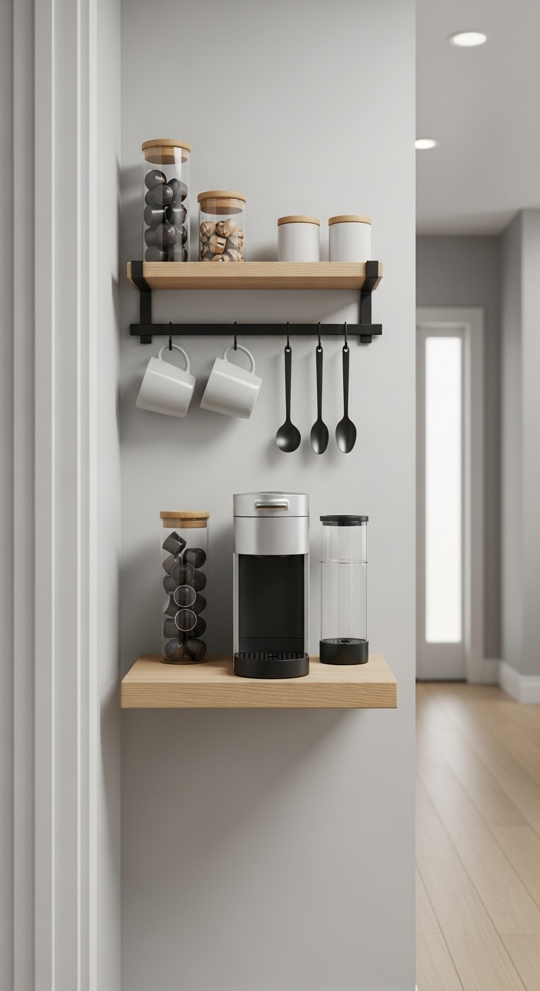 Clever shallow-space coffee solution with narrow floating wood shelf single-serve machine and hanging mugs on light gray wall