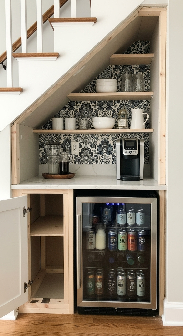 Clever under stairs secret coffee nook with custom shelving wallpaper and mini fridge