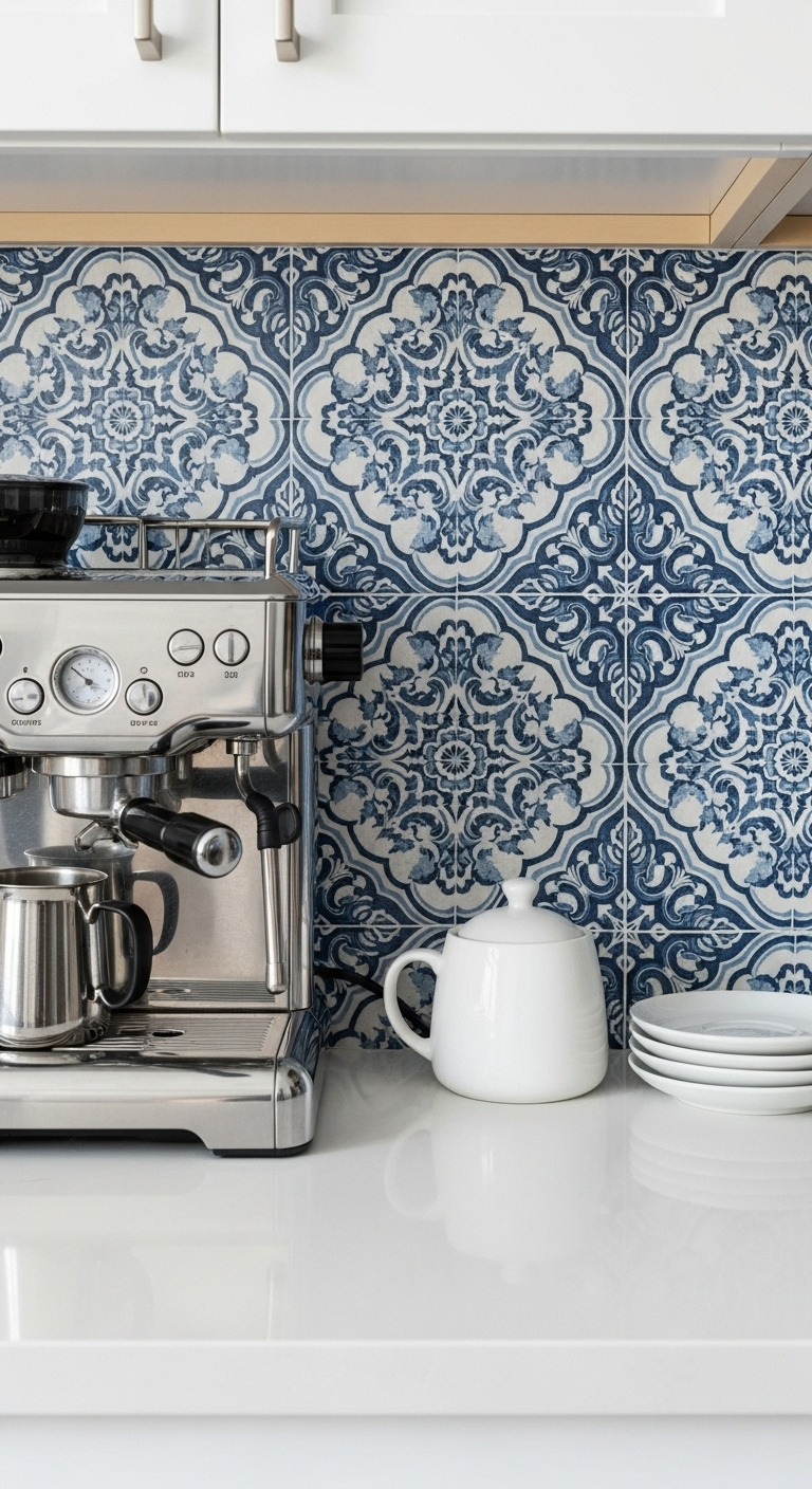 Close up of a coffee station on a white countertop with a blue and white patterned peel and stick tile backsplash