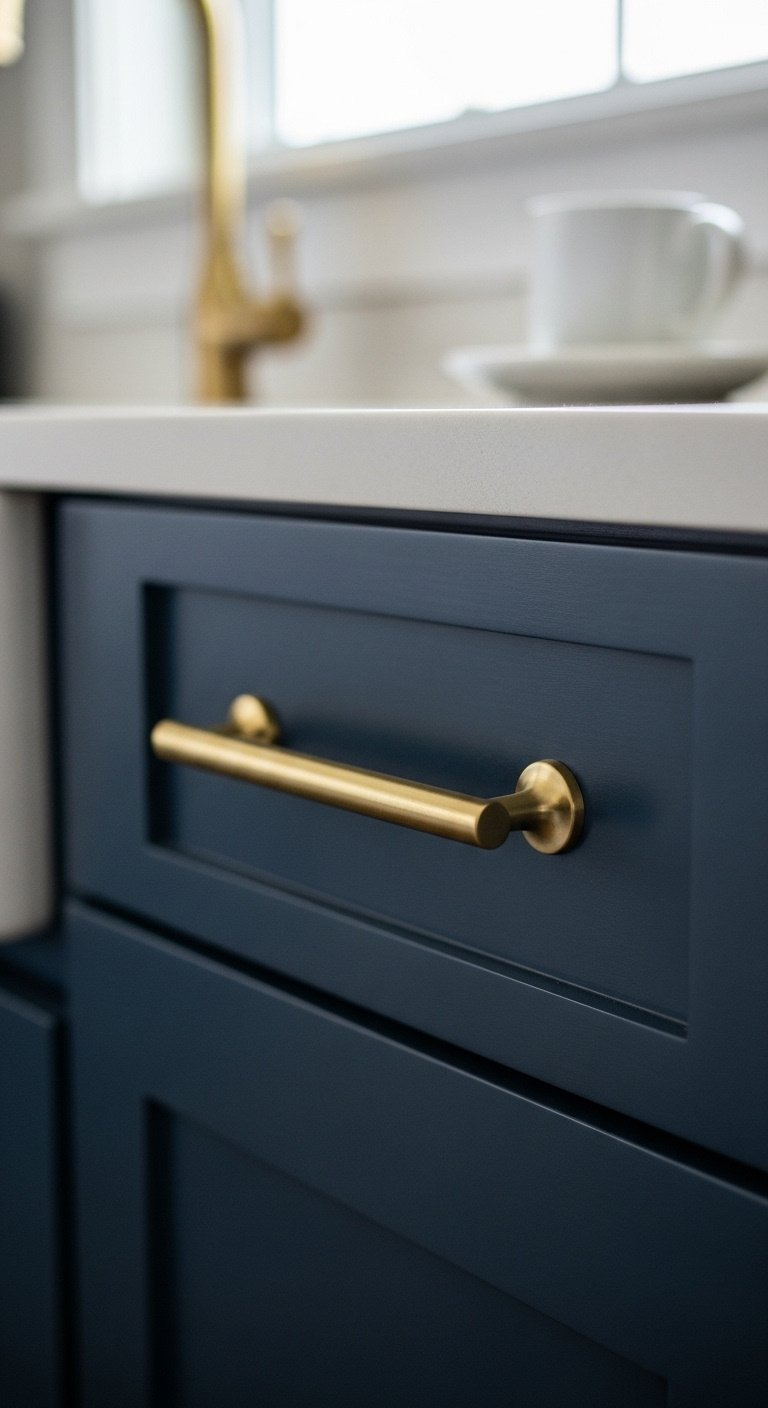Budget Coffee Bar Ideas That Look High End Without Splurging 4 Close-up of a dark navy blue cabinet drawer on a coffee bar featuring a sleek brushed brass bar pull