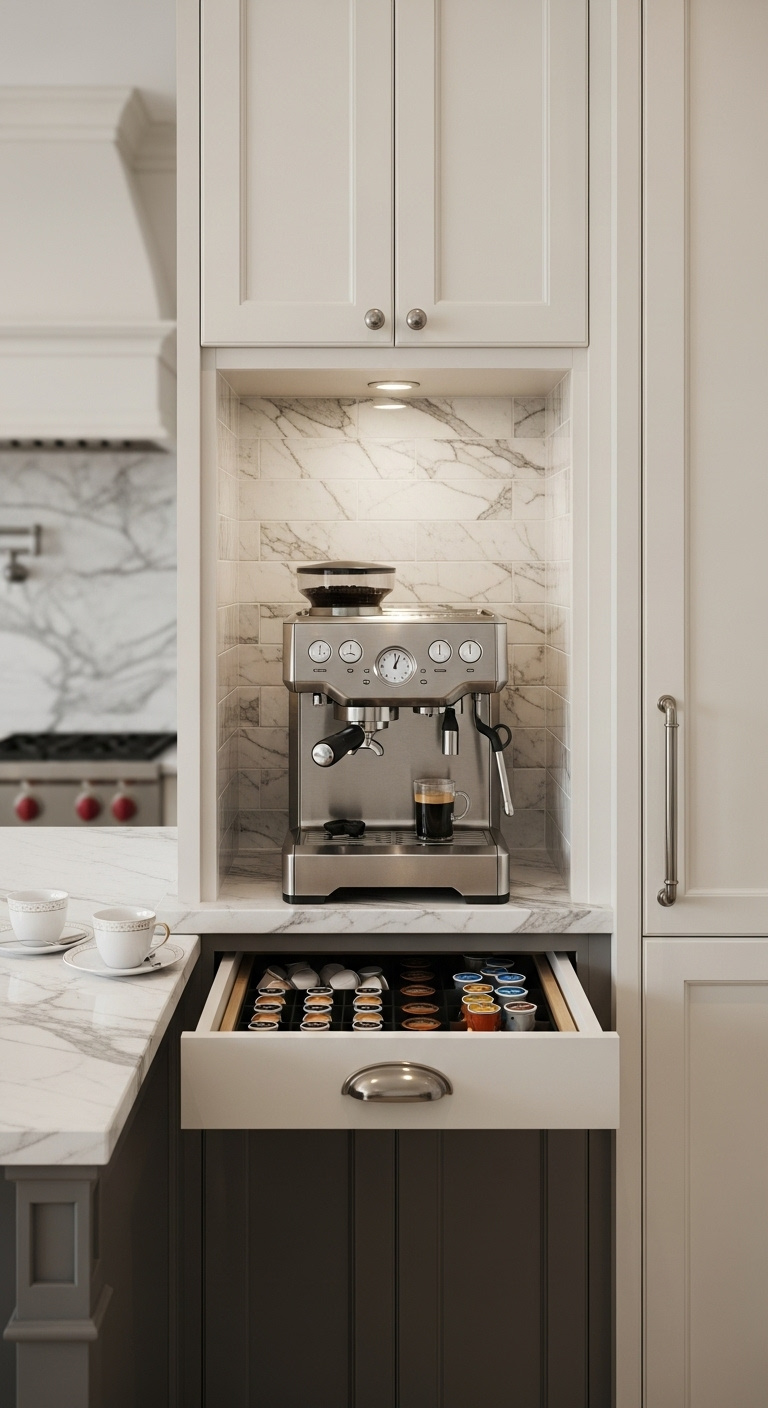 Close-up of a kitchen island with a recessed coffee nook featuring a marble backsplash high-end espresso machine and organized pods