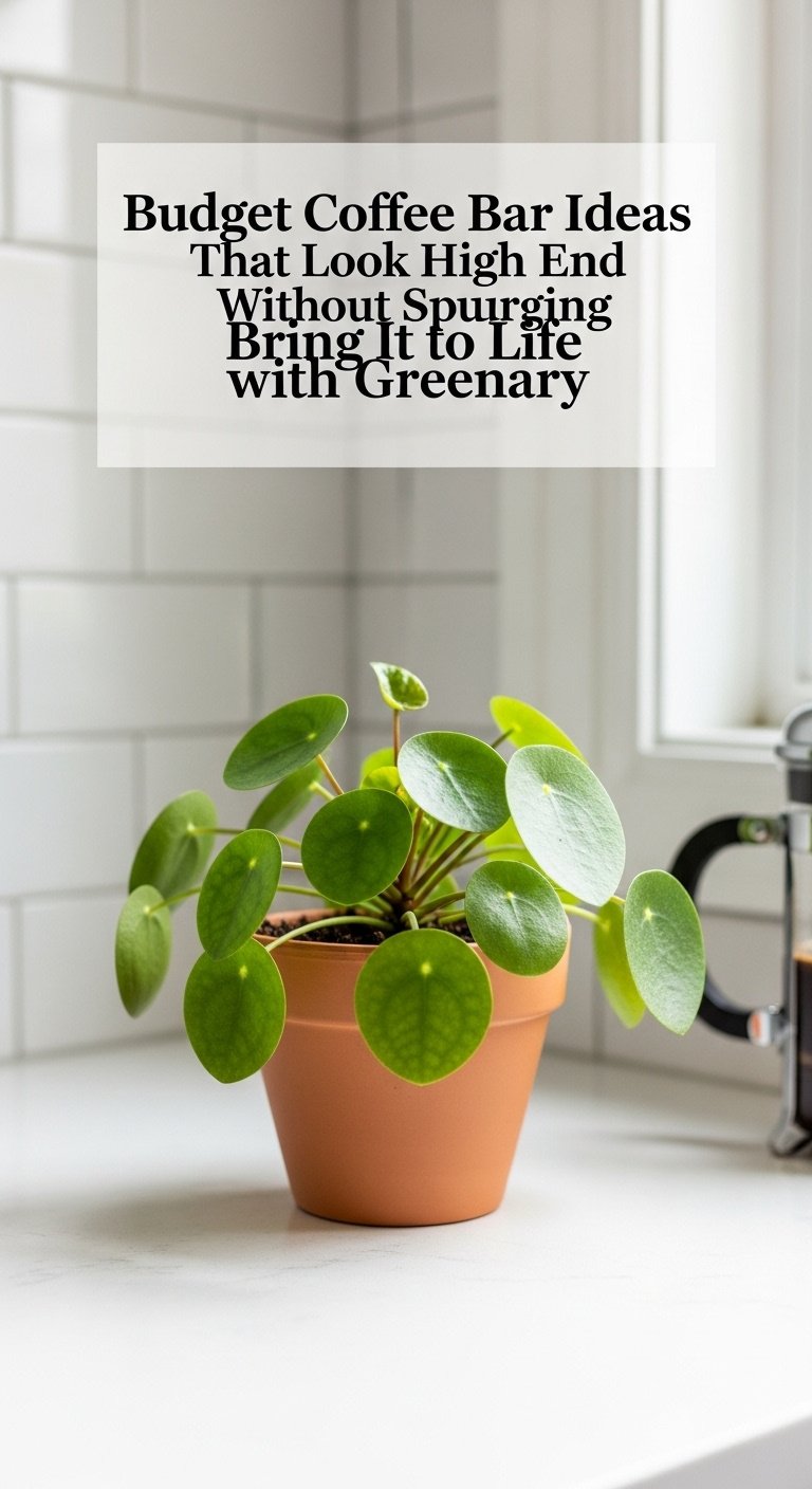 Budget Coffee Bar Ideas That Look High End Without Splurging 10 Close up of a vibrant green Pilea peperomioides plant in a terracotta pot on a white countertop coffee bar
