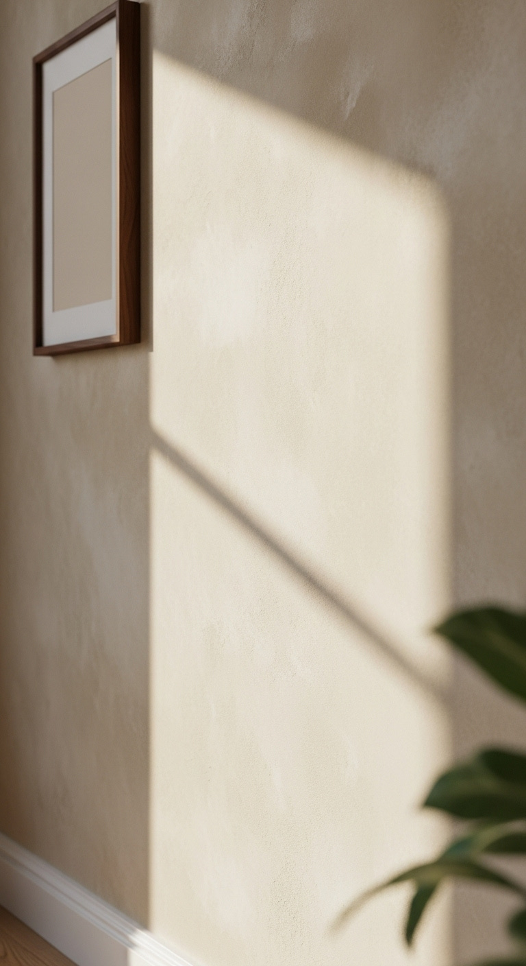 Close-up of a warm earthy beige limewash wall, with soft cloud-like texture highlighted by natural window light and a dark wood picture frame