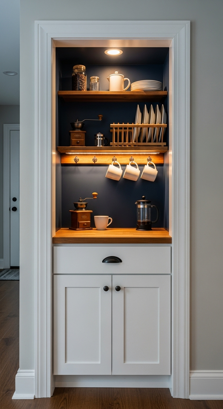 Closet converted into a cafe style built in coffee bar with navy blue interior butcher block counter and white shaker cabinet