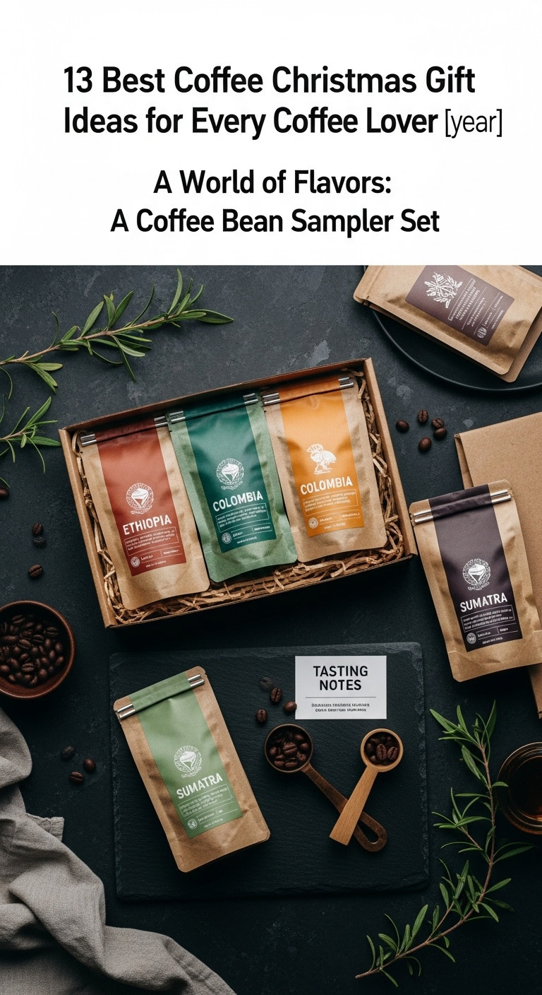 Coffee Christmas gift ideas coffee bean sampler set world flavors Ethiopia Colombia Sumatra slate board tasting notes gourmet