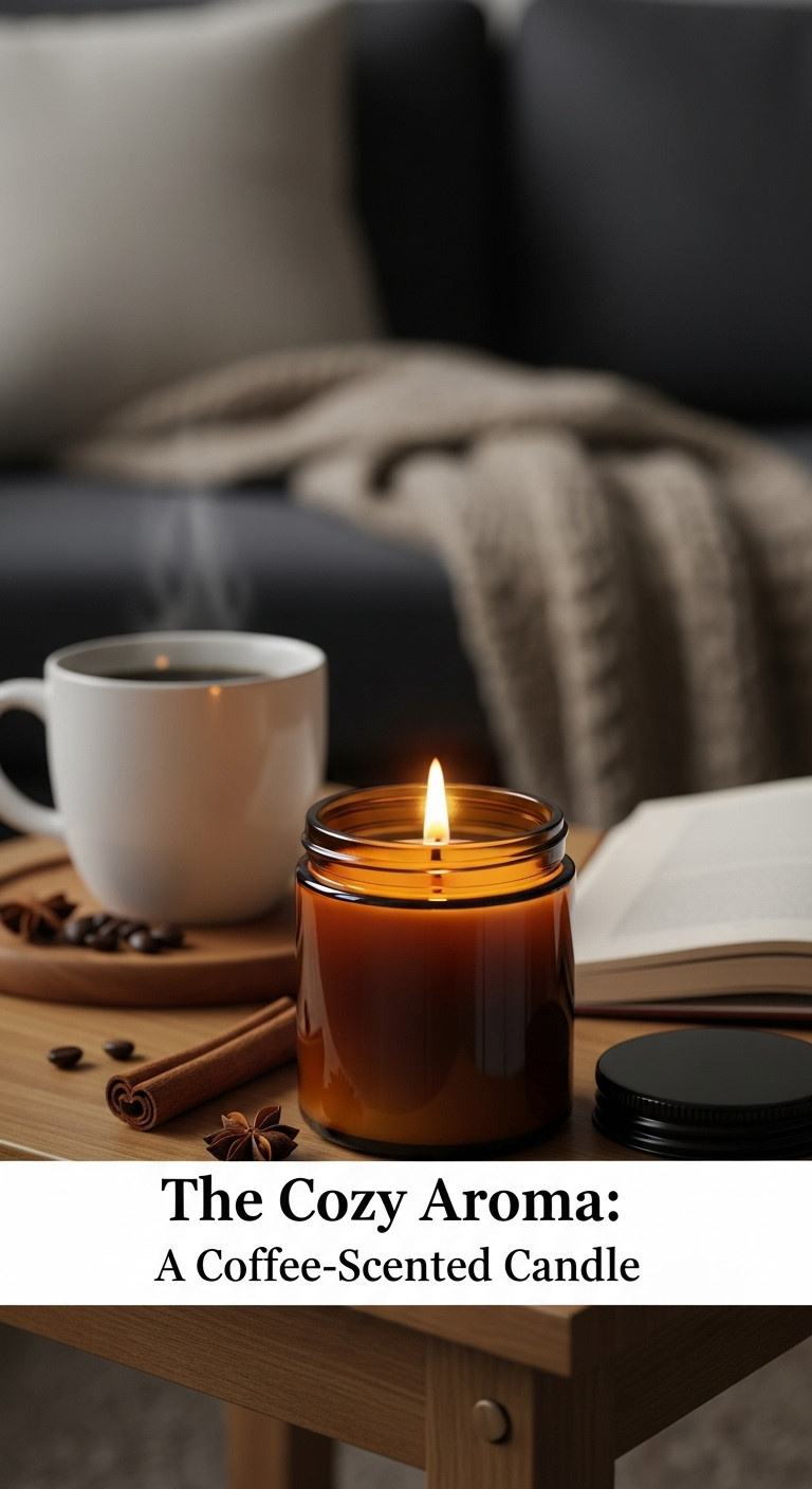 Coffee Christmas gift ideas coffee scented candle amber glass jar flickering flame steaming mug cozy relaxing hygge atmosphere