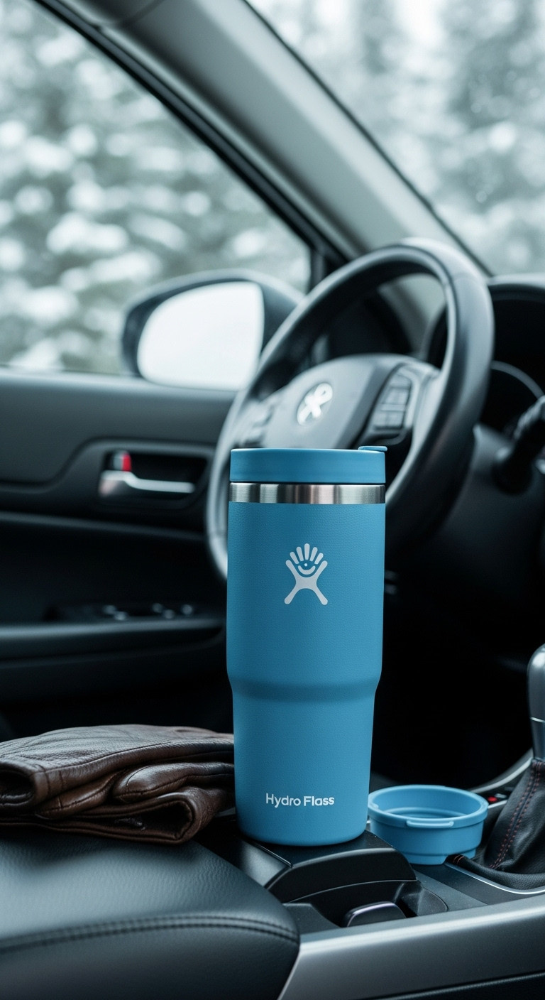 Coffee Christmas gift ideas insulated travel mug Hydro Flask car interior snowy trees leather gloves on the go warmth