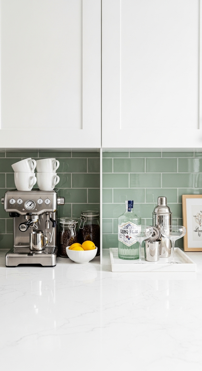 Coffee and cocktails station with espresso machine coffee beans gin and coupe glasses on white counter