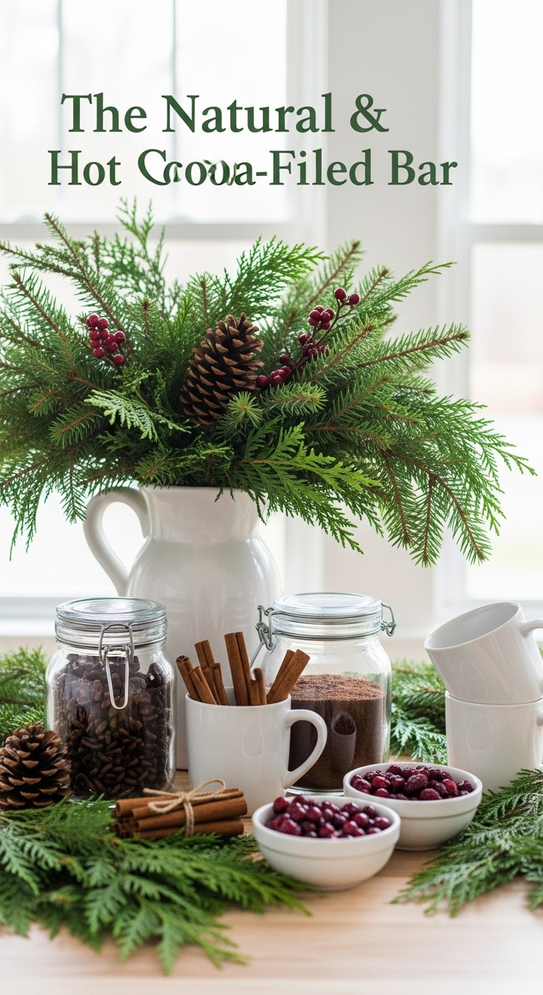 Coffee and cocoa bar adorned with fresh evergreen clippings cedar garland pinecones and simple glass and white ceramic containers