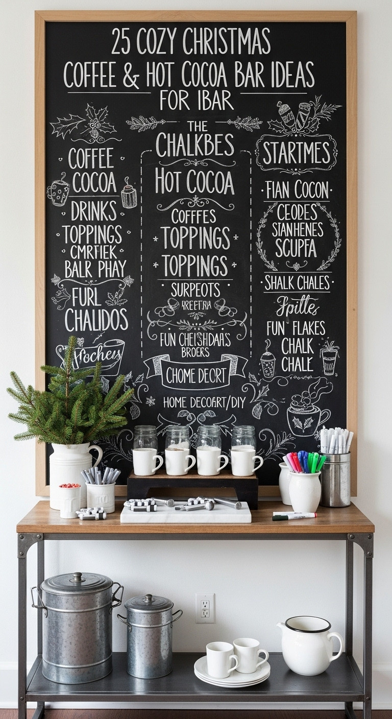 Coffee and hot cocoa bar against a chalkboard wall with hand lettered chalk art listing drinks toppings and holiday doodles