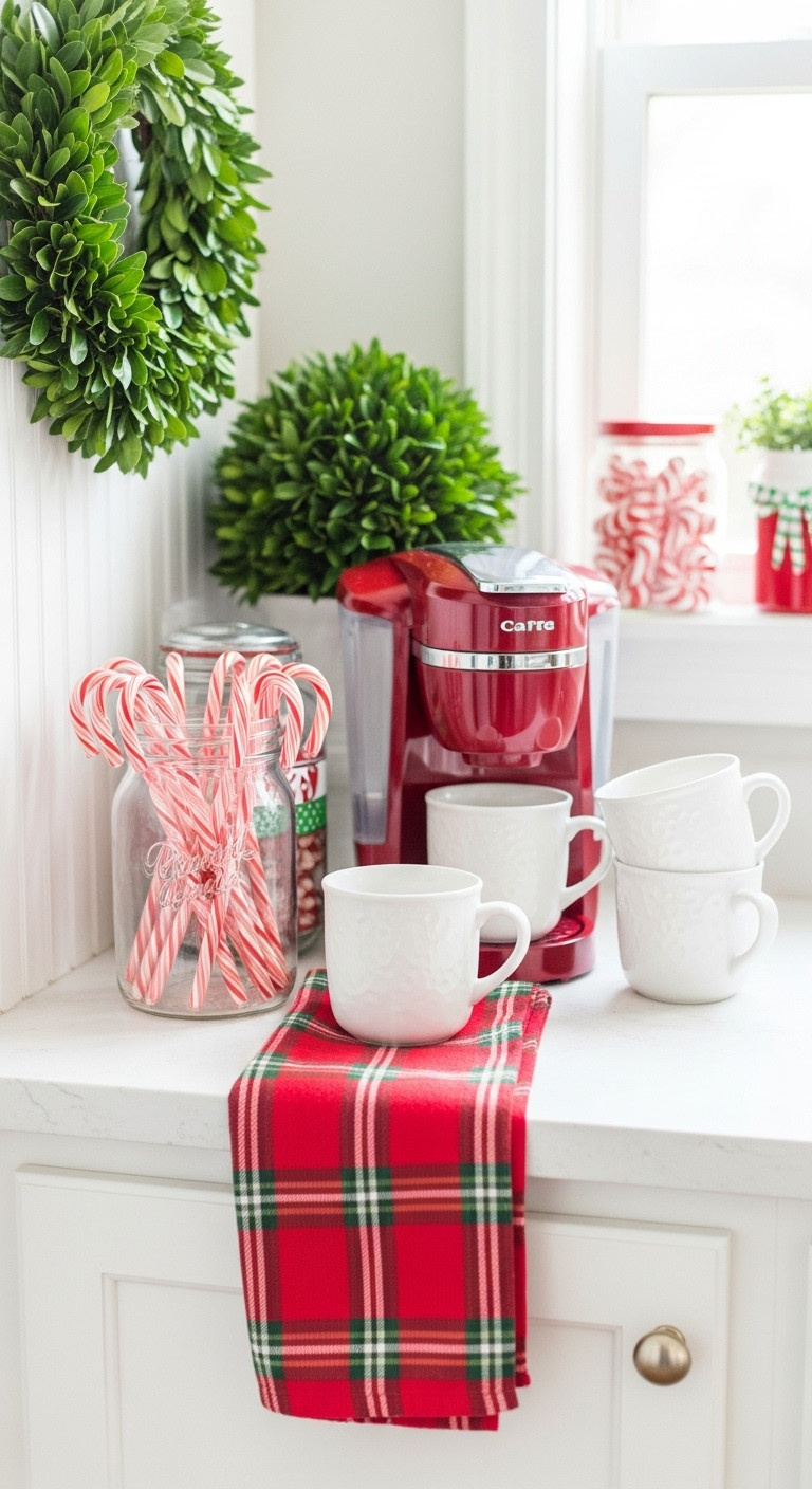 Coffee bar corner with red green and white decor including a boxwood wreath candy canes mugs and a plaid towel