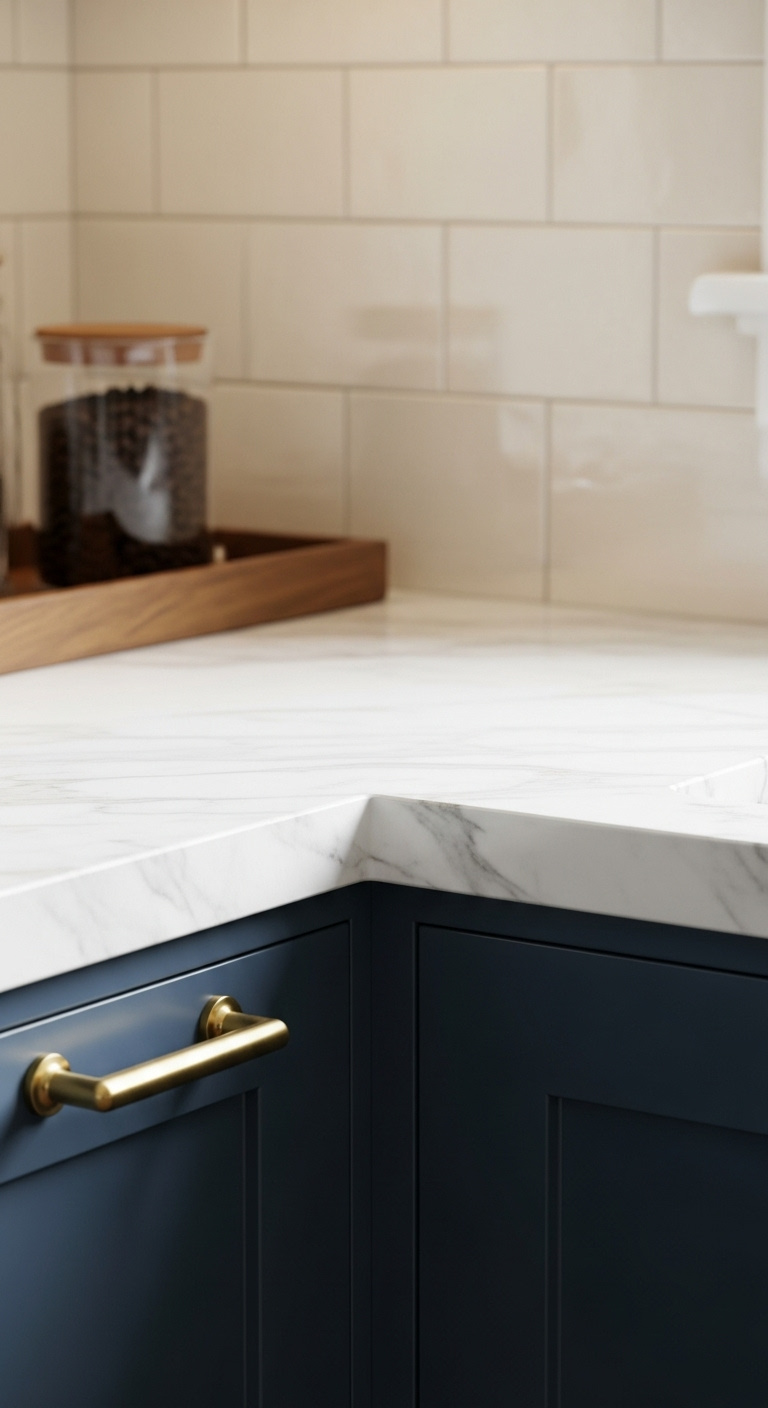 Coffee bar corner with white marble countertop, shimmering creamy tile backsplash, elegant brass handle, and deep blue cabinet below