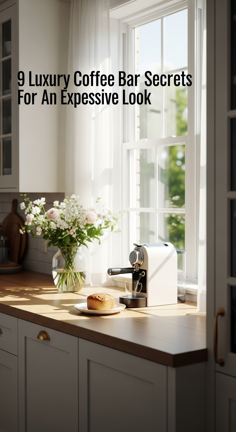 Coffee bar in a sunlit kitchen alcove with a white coffee machine and fresh flowers on a light wood countertop