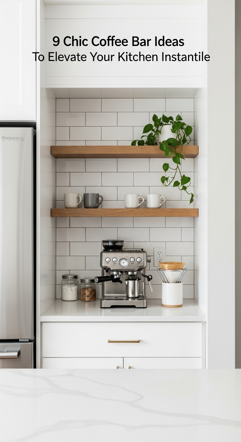Coffee bar in narrow niche between refrigerator and wall with white countertop subway tile floating shelves and compact machine