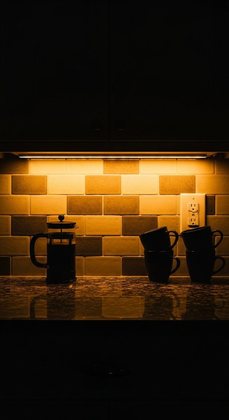 Budget Coffee Bar Ideas That Look High End Without Splurging 7 Coffee bar nook at dusk with a warm golden glow from under cabinet LED lighting illuminating the countertop and backsplash