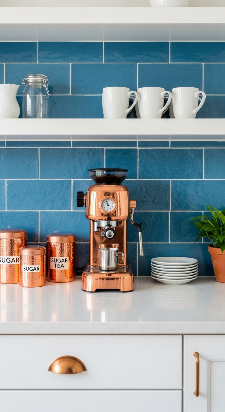 Coffee bar nook with dreamy blue terracotta tile backsplash copper espresso machine canisters and white floating shelves